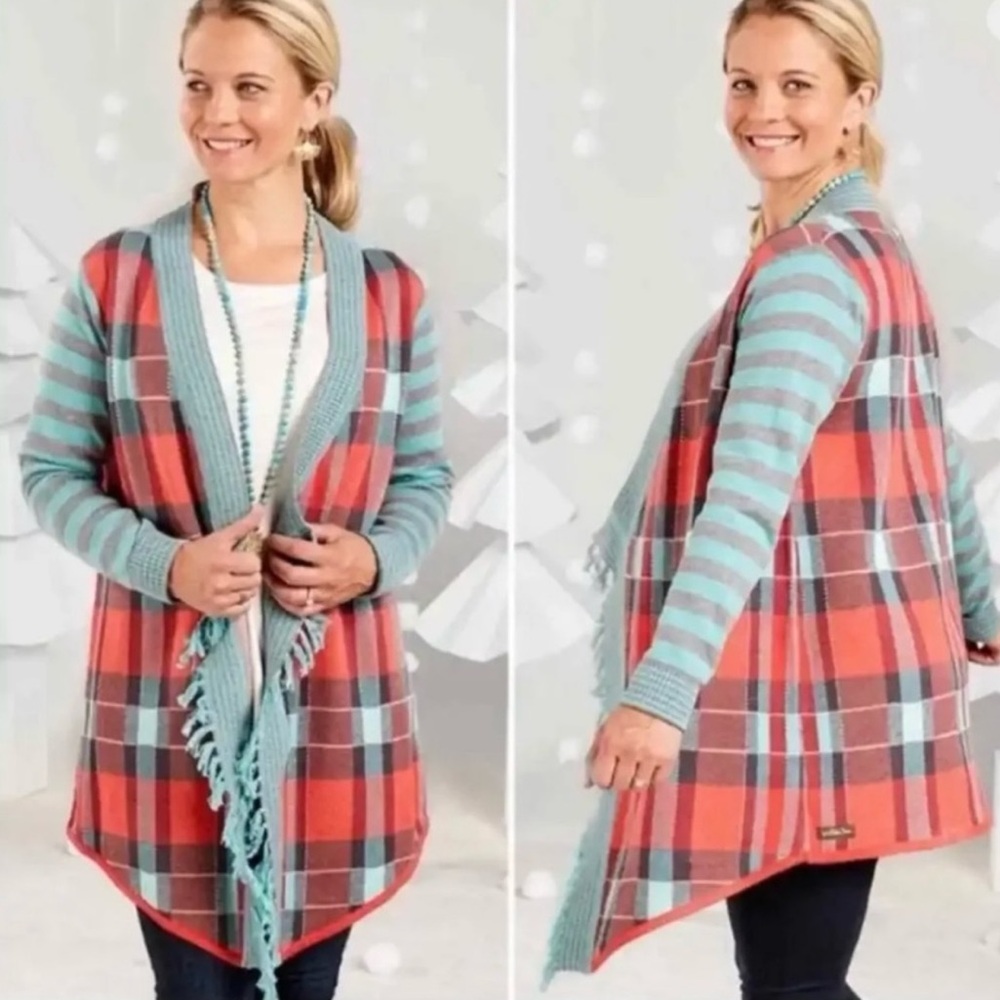 Matilda Jane Country Cottage Fringe Plaid Steadfast Open affront Cardigan Size M